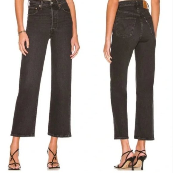 Levi's Premium  Ribcage Straight Ankle Jean Stone Wash Black size 25 - Picture 1 of 11